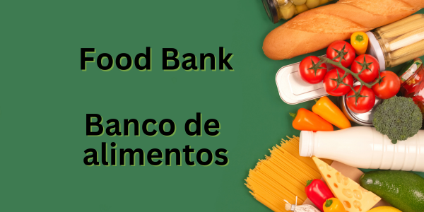green background with various fruits and vegetables and the words food bank