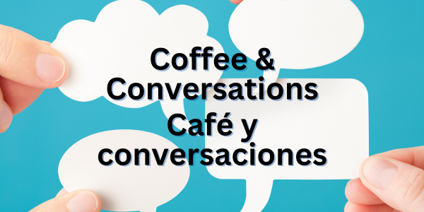 blue background with speech bubbles and the words coffee and conversations