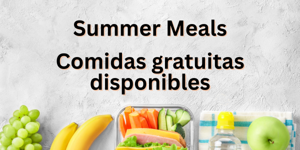 Gray background with 'Summer Meals' and 'Comidas gratuitas disponibles' text, and assorted fruits, vegetables, and a water bottle below.